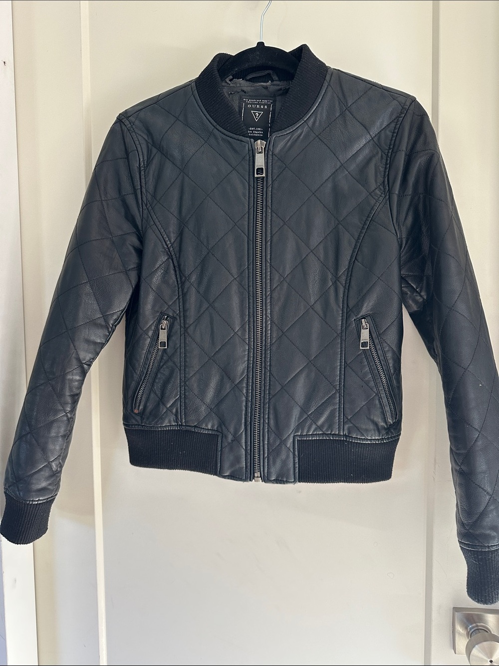 Guess Black Quilted Faux Leather Bomber Jacket